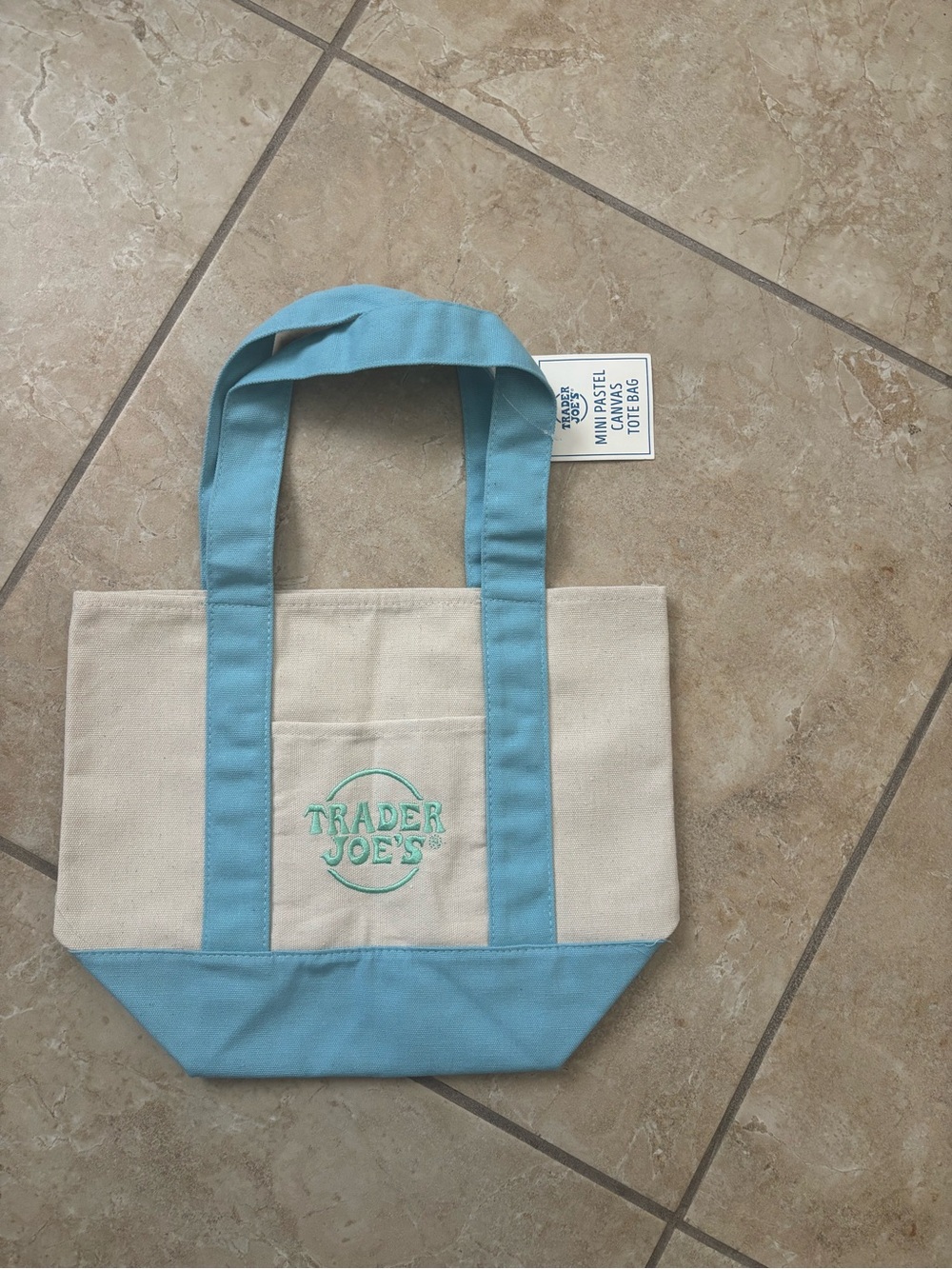 Trader Joe's Cream Canvas Tote with Light Blue Trim